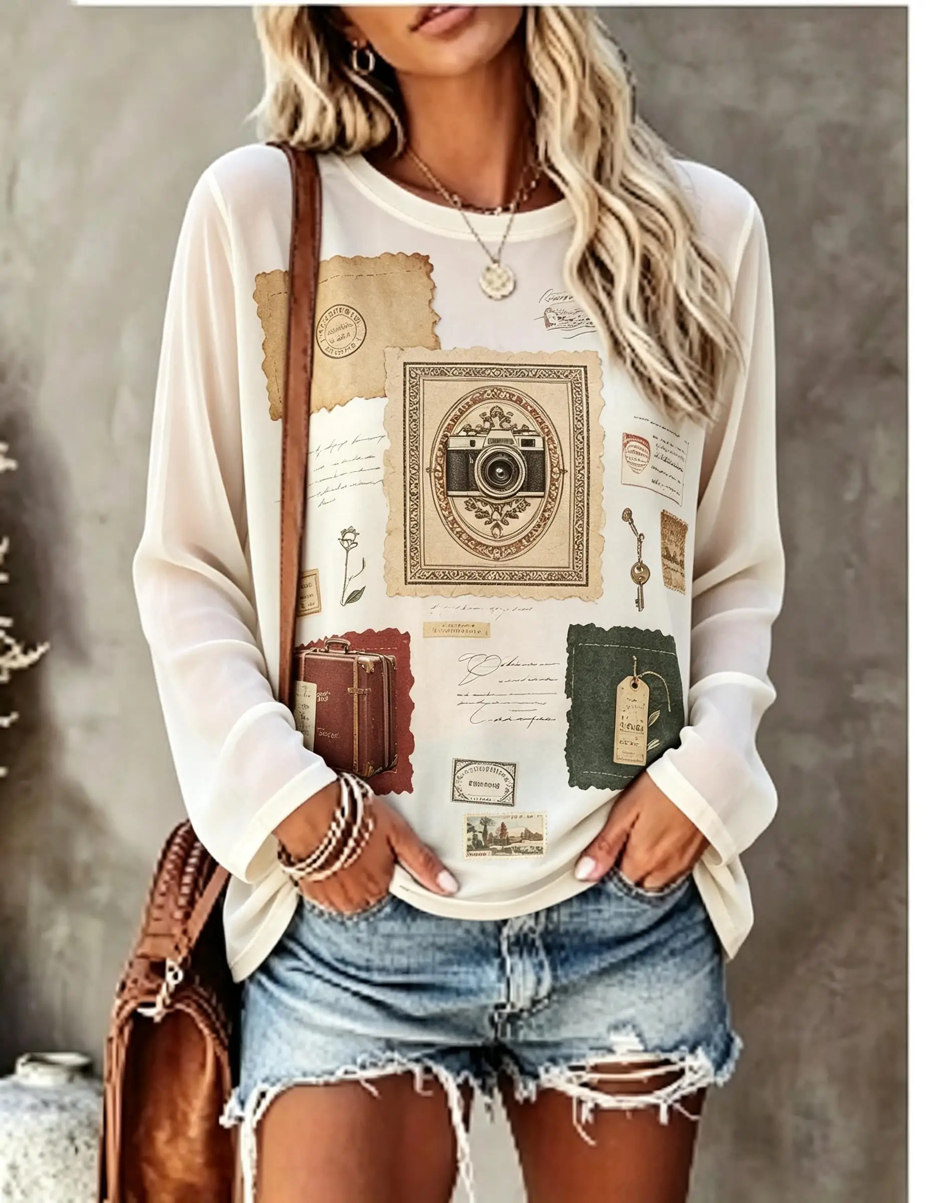 Women Long Sleeve T‑Shirt Vintage Collage Old Camera Postcard Stamp Letter Travel Print Crew Neck Casual Tops