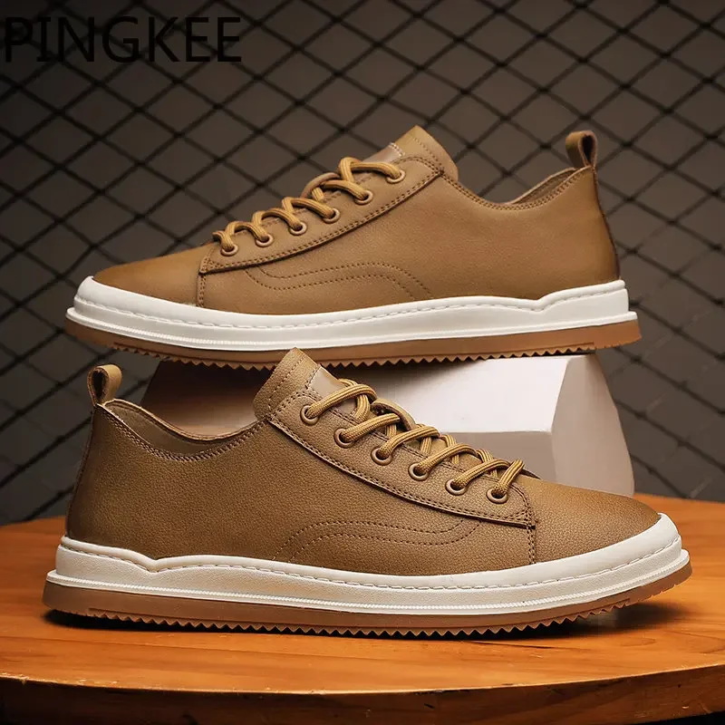 

PINGKEE Cowhide Leather Casual Sneaker Breathable Comfortable Male Sneakers Shoes for Men Outdoor Walking Casual Footwear