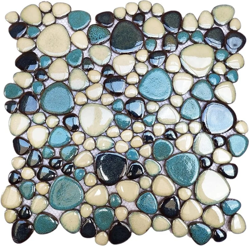 11 hojas de azulejos de mosaico de guijarros azul aguamarina montados en malla, suelo de azulejos de cerámica para cocina, baño, contra salpicaduras, suelo de ducha, piscina