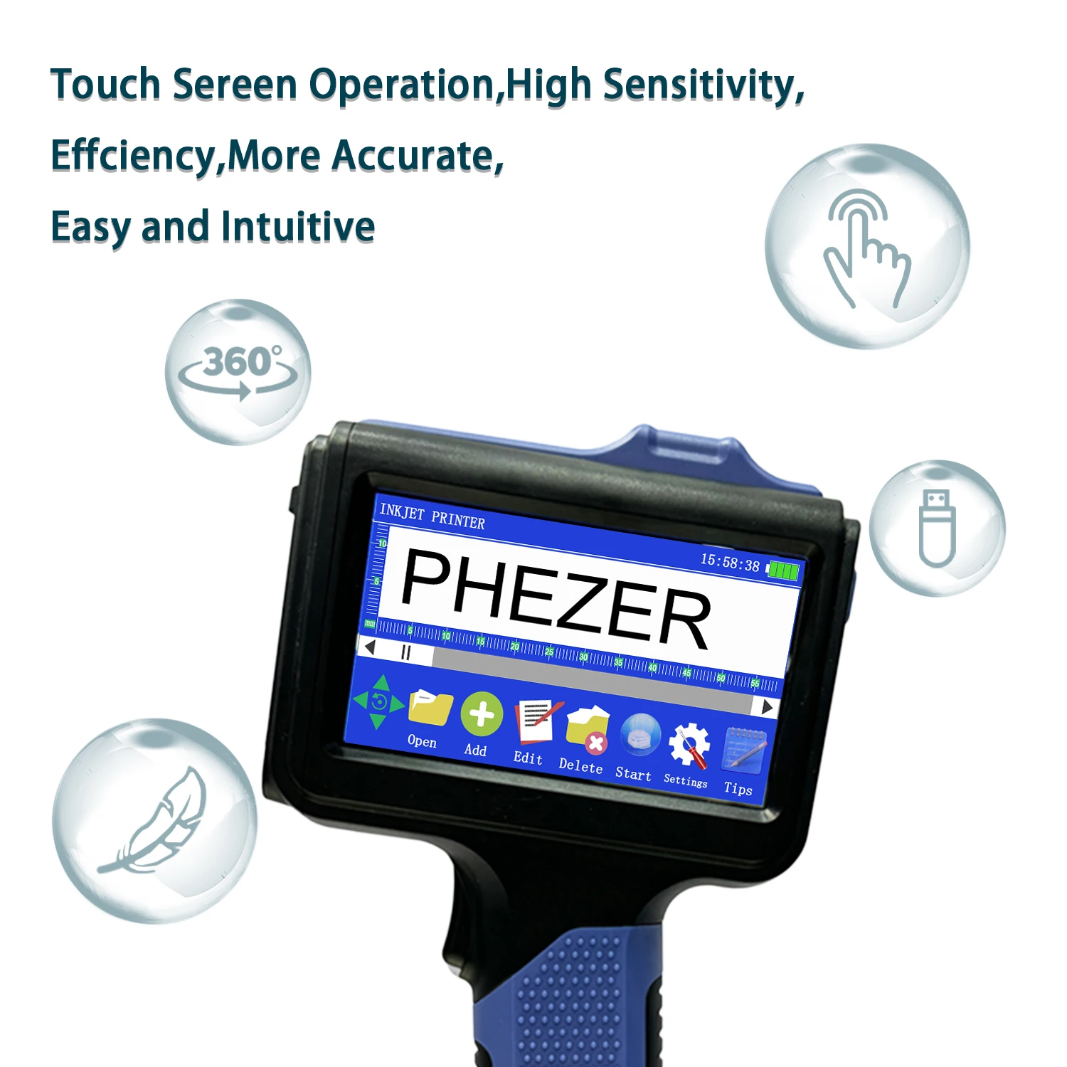 Phezer for HP Blue P19 Handheld Inkjet Printer 12.7mm T-shirt QR Bar Batch Code Date Logo Expiry Date Label Portable Printer