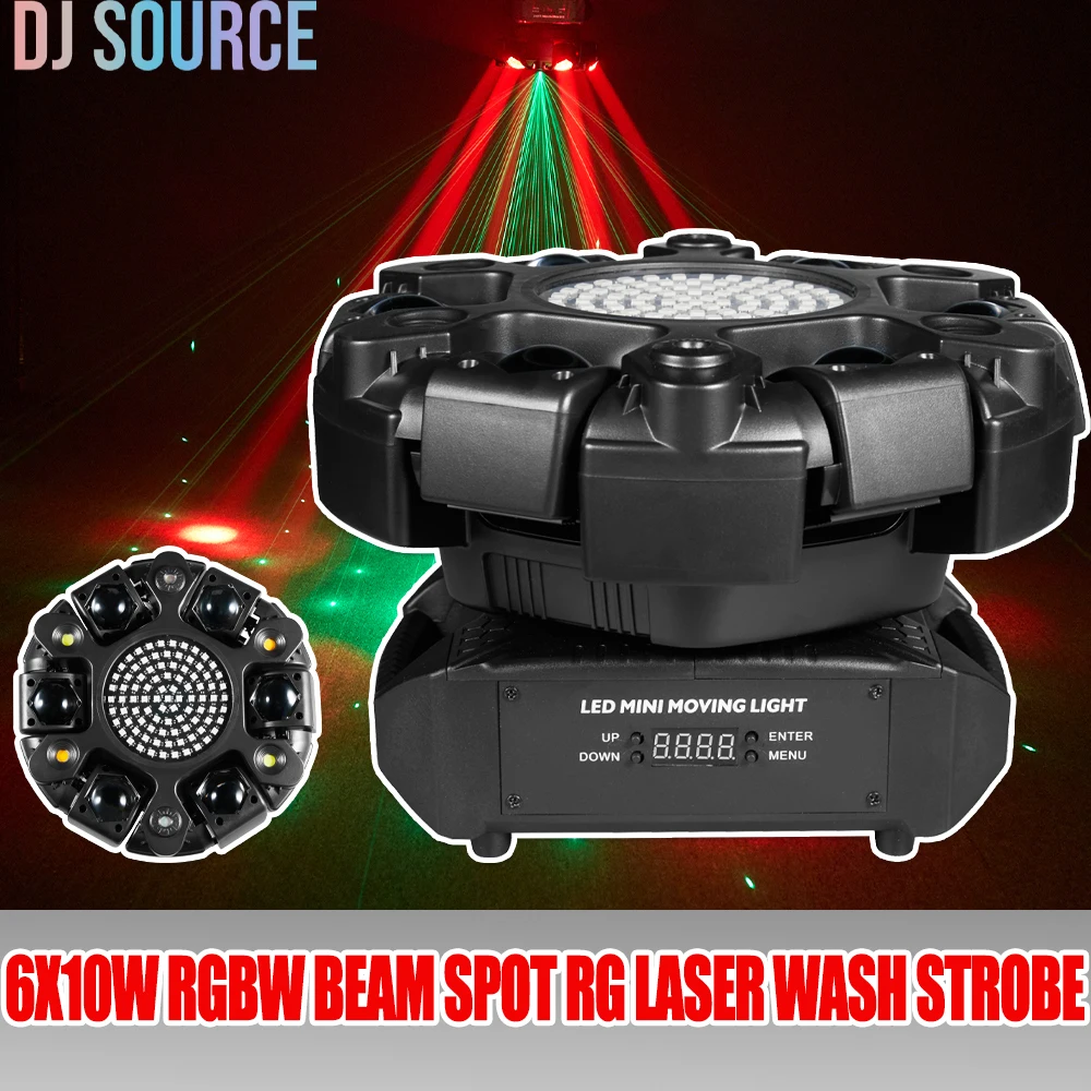 

6-головочный светодиодный 6X10 Вт RGBW Beam Spot Wash, движущийся головной светильник RG Laser + Белый Золотой Стробоскоп DMX512 Пульт дистанционного управления DJ Party Stage Effect