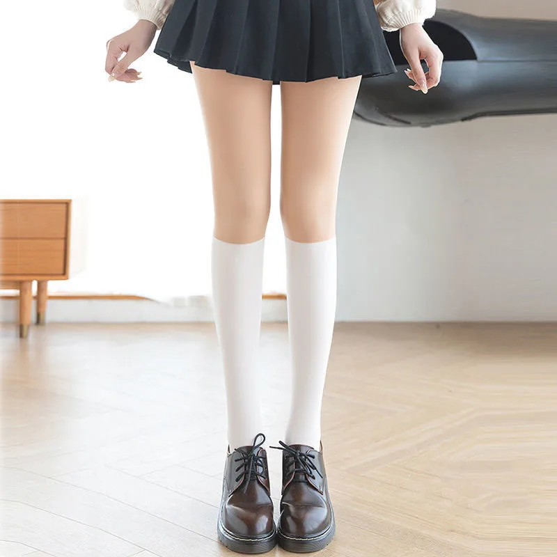 Women Black and White Stitching Fake Medium Tube Lolita Stockings JK Leg Socks Pantyhose Sexy Elasticity Nylon Stockings CTW014