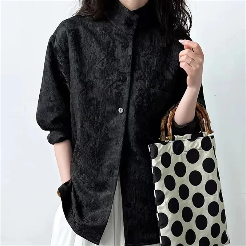 

Новая женская рубашка с длинным рукавом в стиле ретро, с китайским жаккардовым узором, однотонная, повседневная, на пуговицах, с принтом, удобная, весна-лето