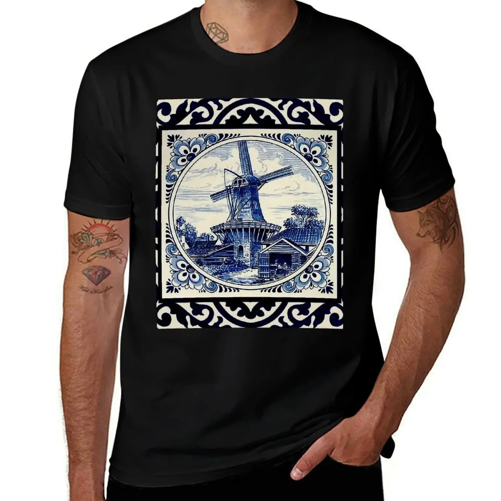 DUTCH BLUE DELFT : Vintage Rare Windmill Landscape in Amsterdam Print T-Shirt Man t-shirt vintage clothes t shirt men