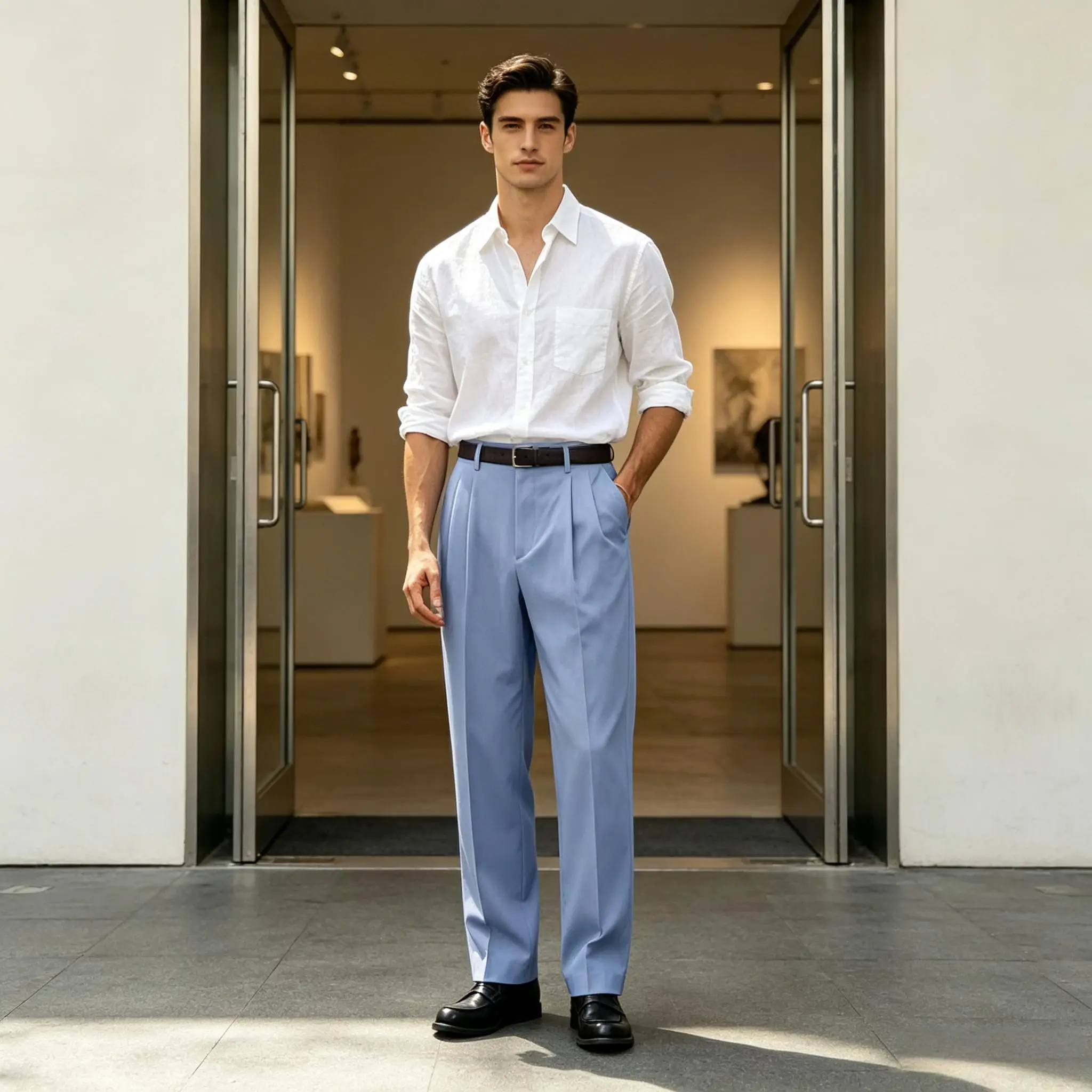 Men Serge High Waist Pleated Straight Leg Pants Business Casual Lightweight Full Length Office Wedding Gentleman Slacks