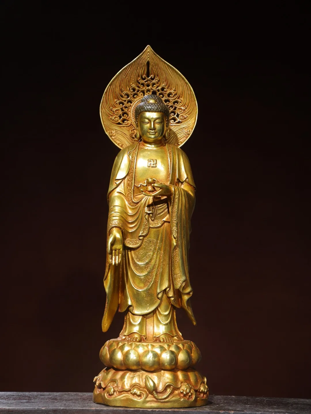 22inch Old Bronze Gilded Cinnabar Shakyamuni Lotus Terrace Sitting Buddha Amitabha Buddha Worship Hall