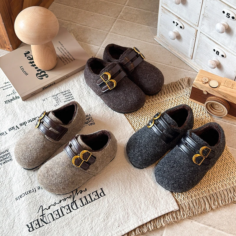Toddler Girls Fuzzy Leather Shoes with Buckle Strap 2026 New Winter Kids Warm-lined Loafers Non-slip Classic Retro Casual Wear