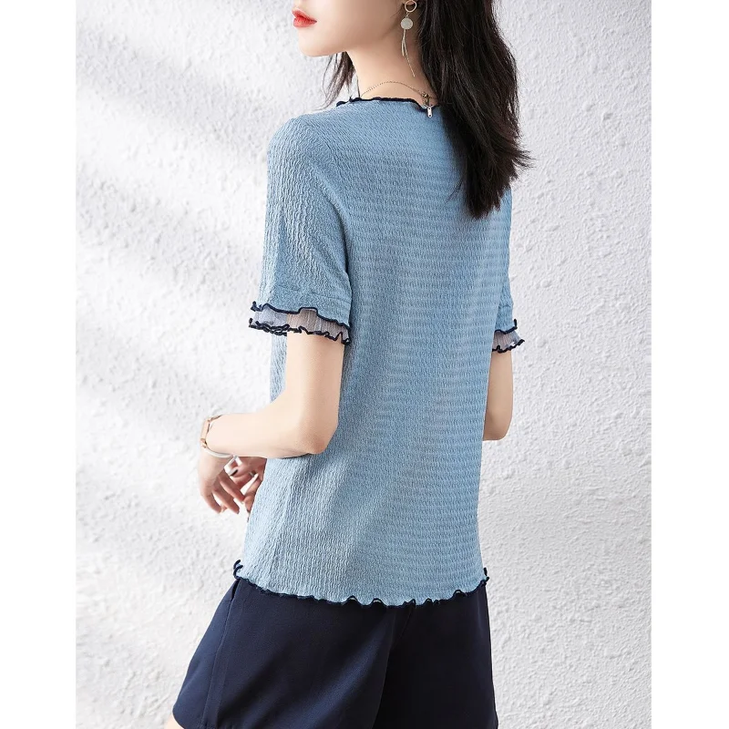 Elegant Texture Design Sense T-shirt Women Classic Summer Short Sleeve Korean Casual All-match O-collar Pullover Lady Top