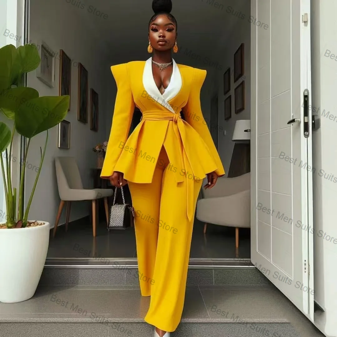 

White Yellow Women Suit Set 2 Pcs Blazer Pants Trousers Ruffles Hem Formal Office Jacket Customized Wedding Tuxedo Guest Coat