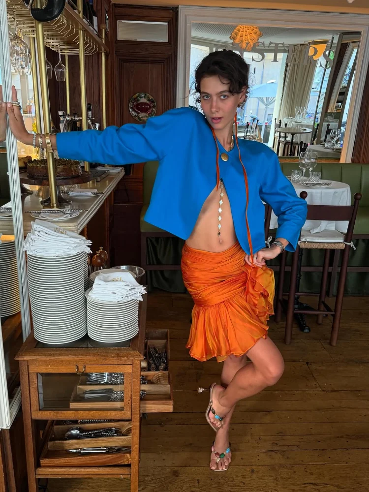 Women Bright Blue Round Neck Cropped Jacket Orange Contrast Piping Trim Long Sleeve Single Button Chic Summer Short Outerwear