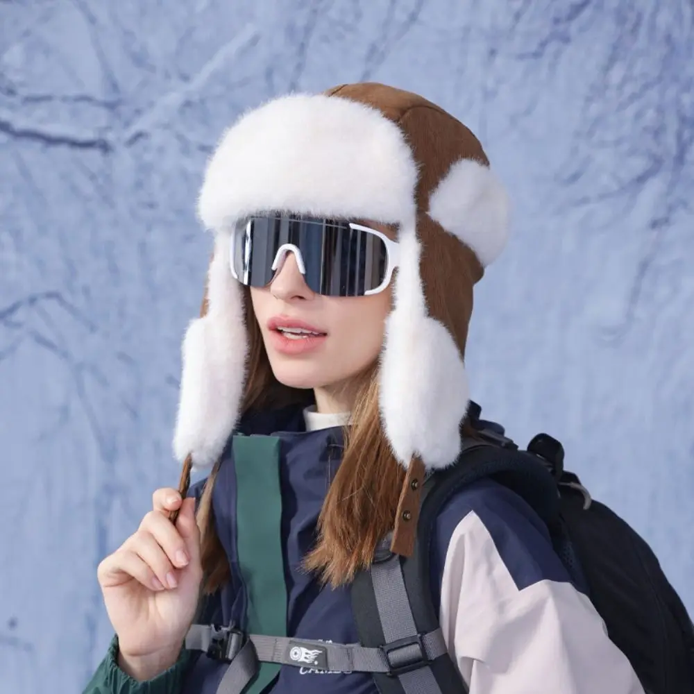 

Portable With Earflap Winter Pilot Hat Cold Resistant Windproof Plush Cycling Hat Head Cover Keep Warm Russian Cap Skiing