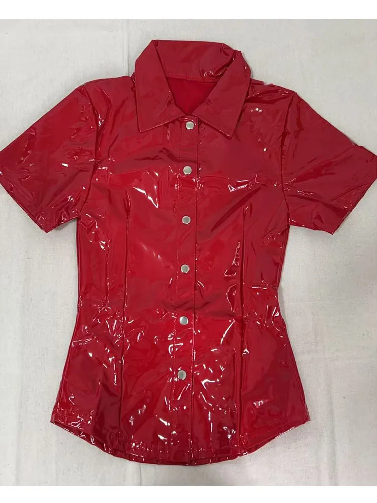 S-5XL Wet Look PVC Short Sleeve Shirts Shiny PU Leather Blouse Tops Single Breasted Turn Down Collar Overshirt Jacket Coat Tees