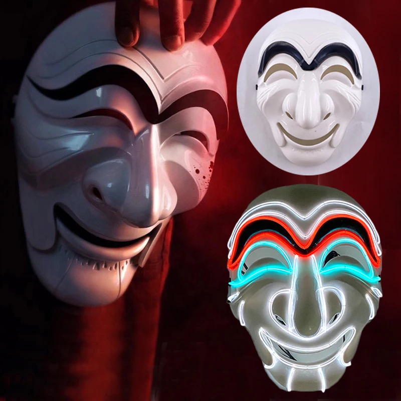 قناع تنكري مضيء بالنيون، قناع بيت المال الورقي، قناع تنكر متوهج للرجال والنساء، دعائم تنكرية للفيلم #1