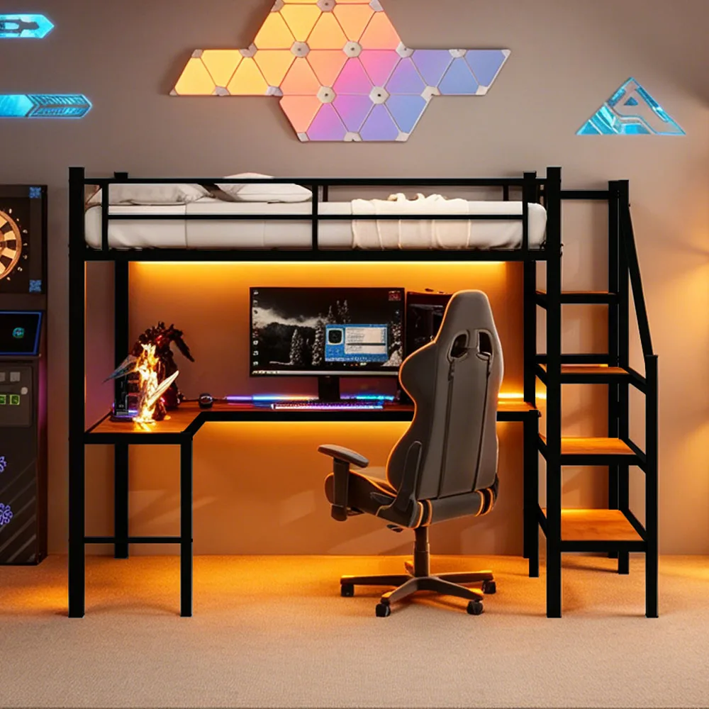 90x190cm Hohes Hochbettgestell mit L-förmigem Schreibtisch, platzsparendes Einzel-Hochbett mit Treppe, durchgehenden Sicherheitsgeländern, geräumigen Ablageflächen und Staufächern, stabiles Hochbett für Schlafzimmer, Teenager- und Erwachsenen-Schlafzimmermöbel – Detail 2