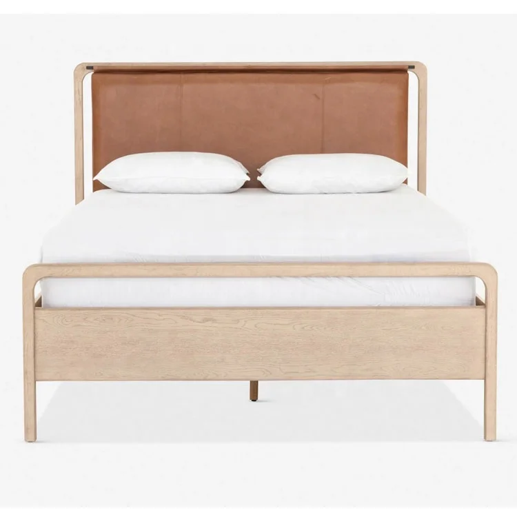 

* MYHOME 2025 Modern French High Quality Bedroom Furniture Solid Oak Wood Leather Upholstered Simple King Panel Bed