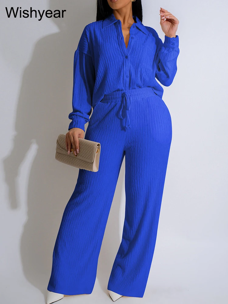 

Casual Streetwear Women's Wide Leg Pants and Long Sleeve Shirt Tops 2 Piece Set Elastic Pleated Belted Multi-Pocket Outfits 2025