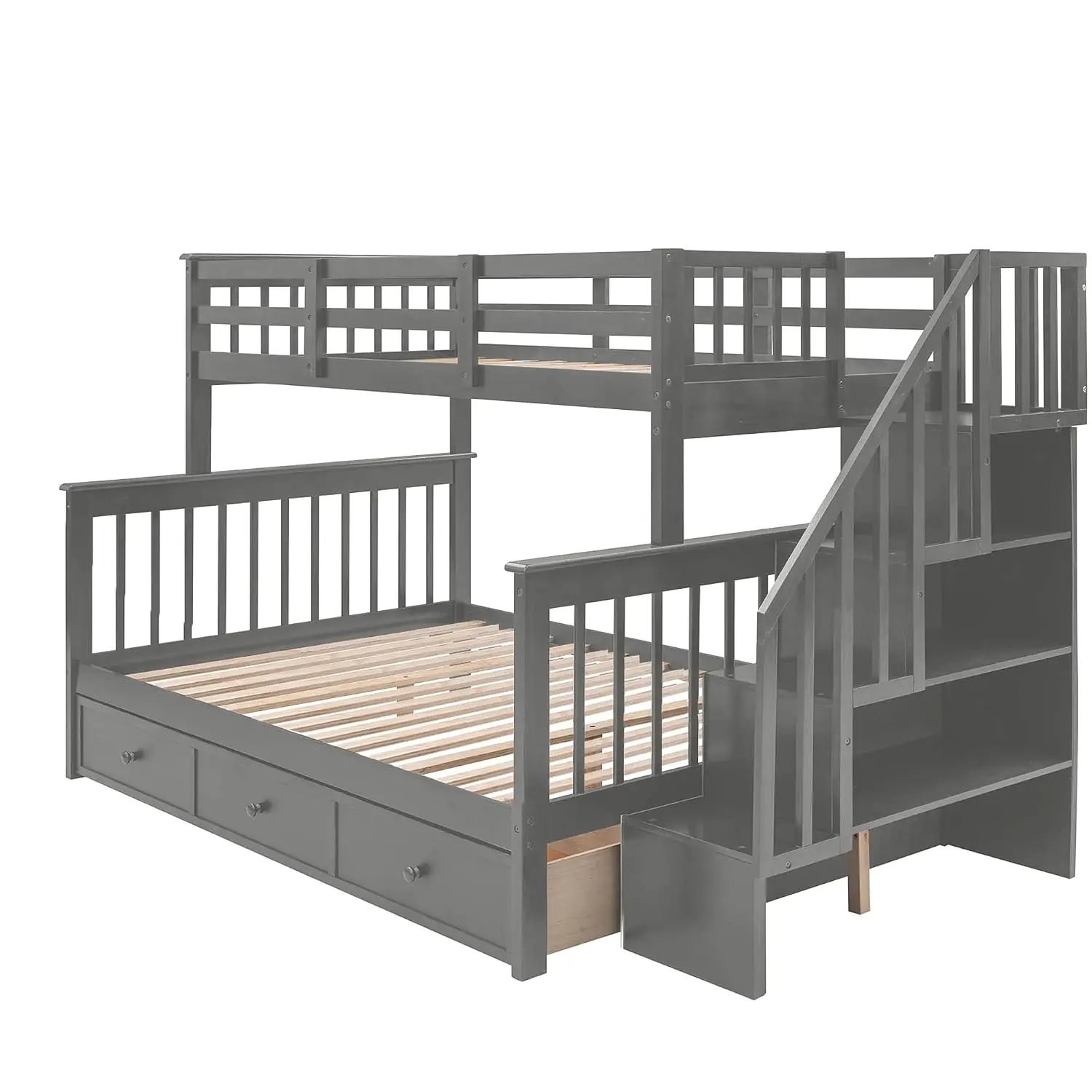 Wood Twin Over Full Bunk Bed with Drawers & Storage Staircase, Convertible to 2 Beds, Space Saving, Gray, Custom image 5
