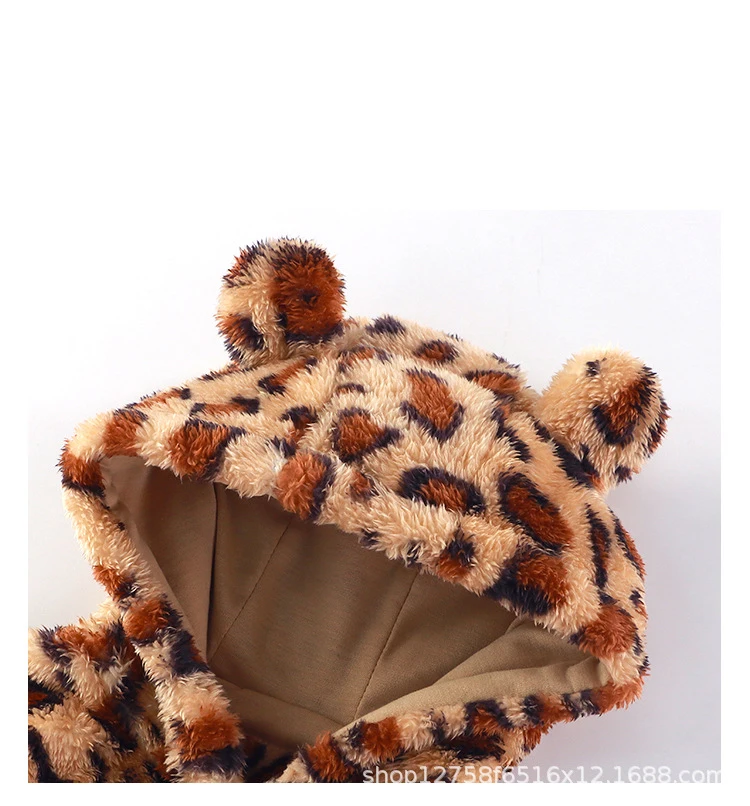 Gemütlicher Baby-Strampler mit Leopardenmuster, Kapuze, Bärenohren, Fleece-Overall, warmes Winteroutfit für neugeborene Jungen und Mädchen – Detail 3