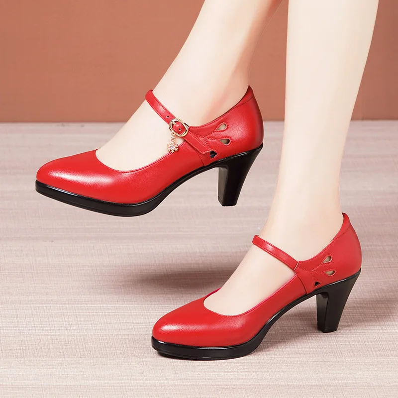 GKTINOO Lady Pumps Pointed Toe Office Lady Pumps Buckle Strap Platform High Heels Women Shoes Plus Size Genuine Leather Shoes