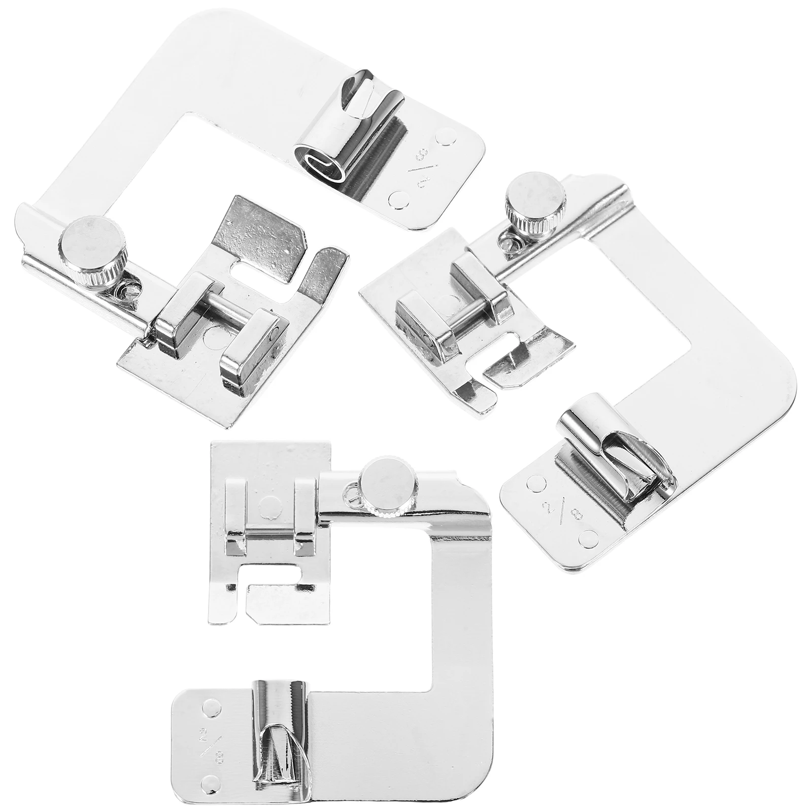 

3pcs Sewing Hemming Presser Foot Adjustable Rolled Hemmer Tool for Elastic Thread Binding Silver Stainless Steel Universal