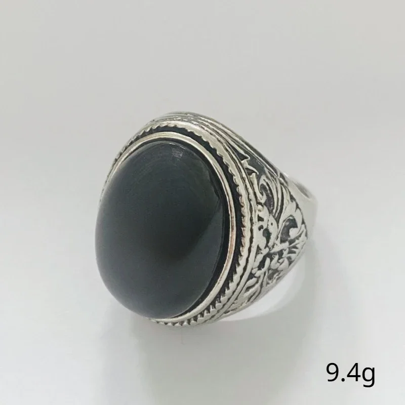 European and American Classical Vintage Black Agate Oval Ring Men\'s Art Carved Simple Men\'s Handicrafts