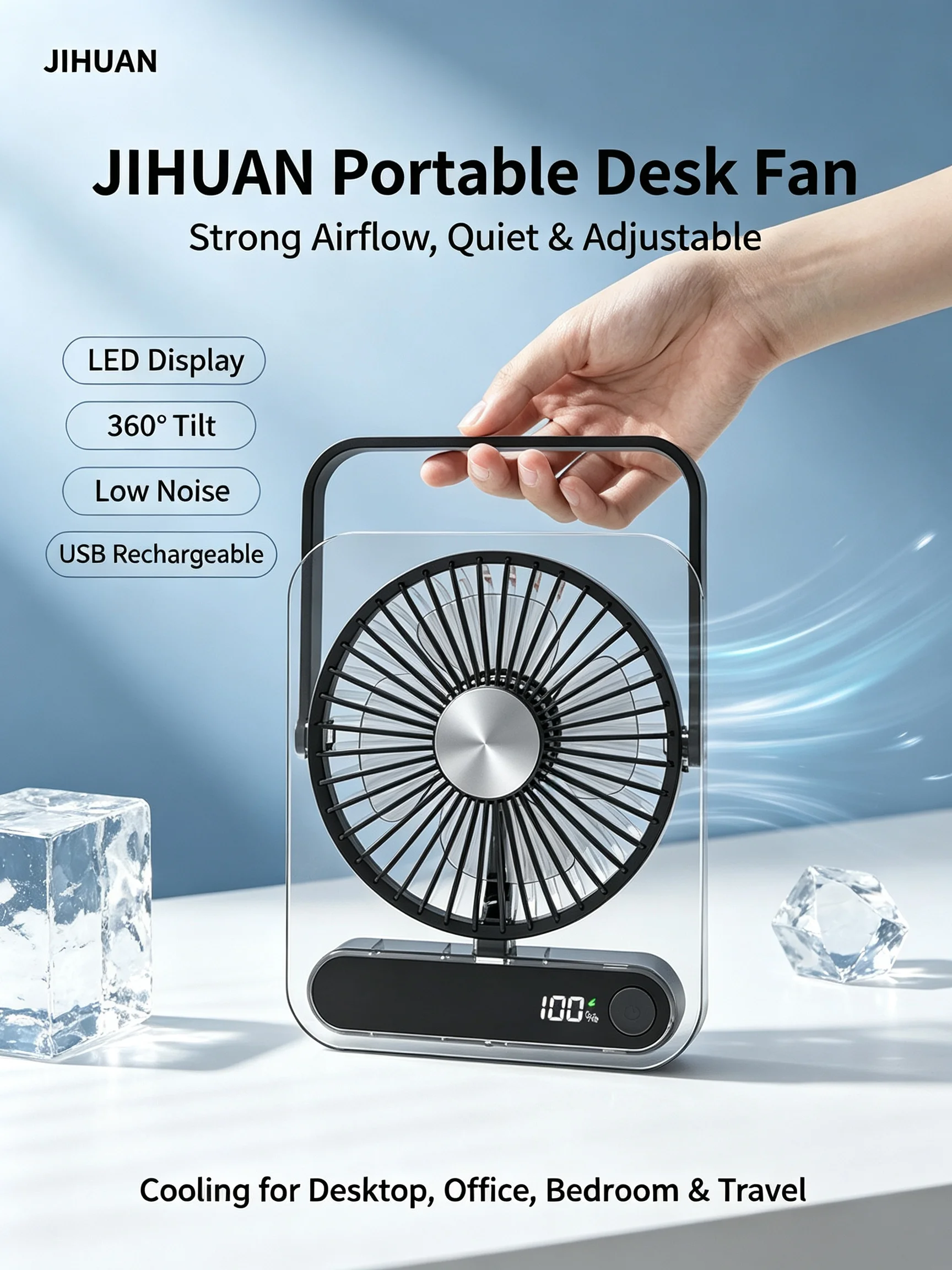 JIHUAN New Transparent Ultra-thin Desktop Fan, Portable Rechargeable Wall Mount Fan with Digital Display, Quiet for Office Use