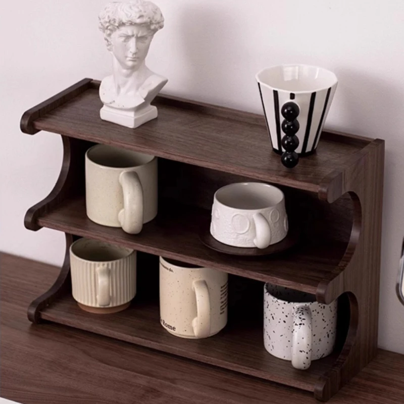 Walnut Cup Storage Shelf Simple Multifunctional 3-tier Shelf Teaware Display Stand Home Kitchen Storage Organization Holder