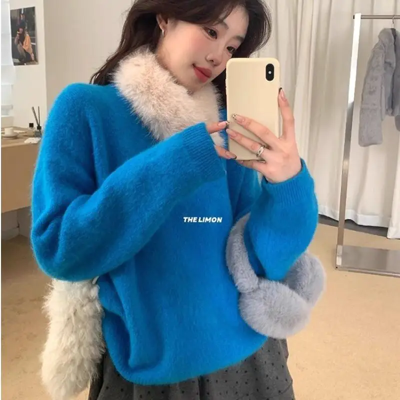 

Корейский стиль, уютный меховой воротник, свитер с круглым вырезом, женский зимний новый свободный вязаный топ, верхняя одежда, повседневная элегантная милая кавайная мода