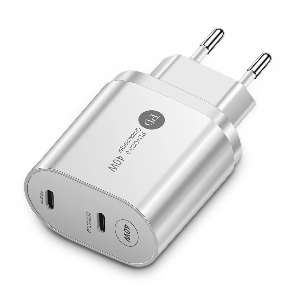 

Phone Charging Adapter PD40W Dual Ports QC 3.0 Quick Charging Head Portable Universal Mobile Charger, US Plug, White