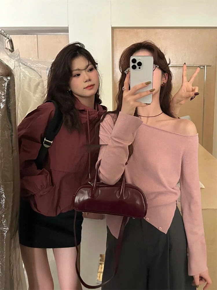 سترة محبوكة طويلة بتصميم أنيق مكشوفة الكتفين للنساء، موديل جديد لخريف وشتاء، مقاس صغير، أنيقة ومتعددة الاستخدامات...