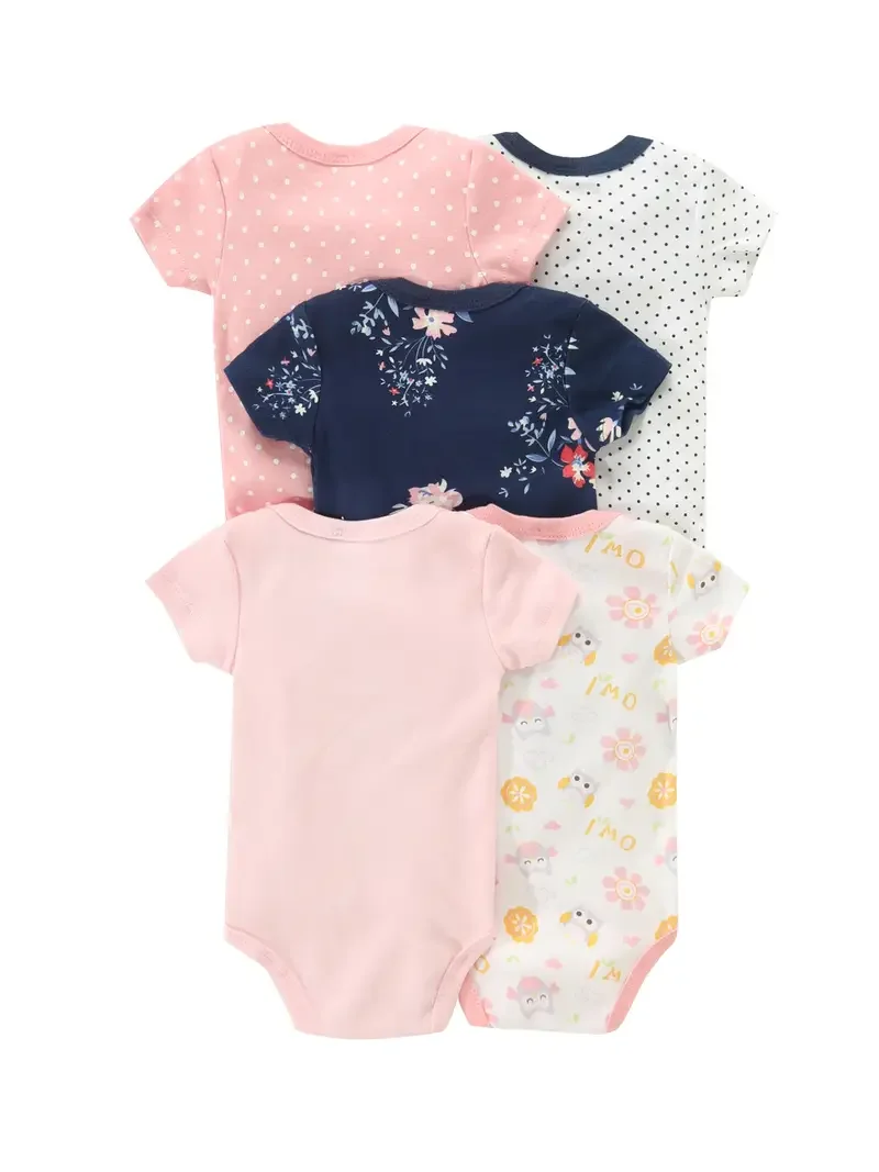 5-piece set of baby cartoon owl pattern cotton rompers, casual short-sleeve rompers, baby girl indoor and outdoor clothing