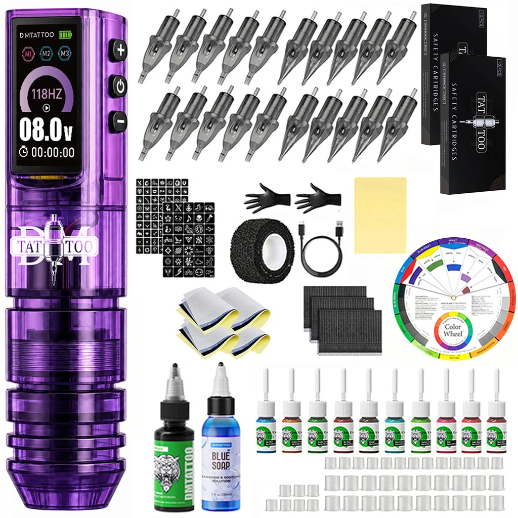 DM Wireless Tattoo Machine Kit With 1600mAh Battery Three Working Modes 3 Colors Transparent Plastic Tattoo Pen For Tattoo Art