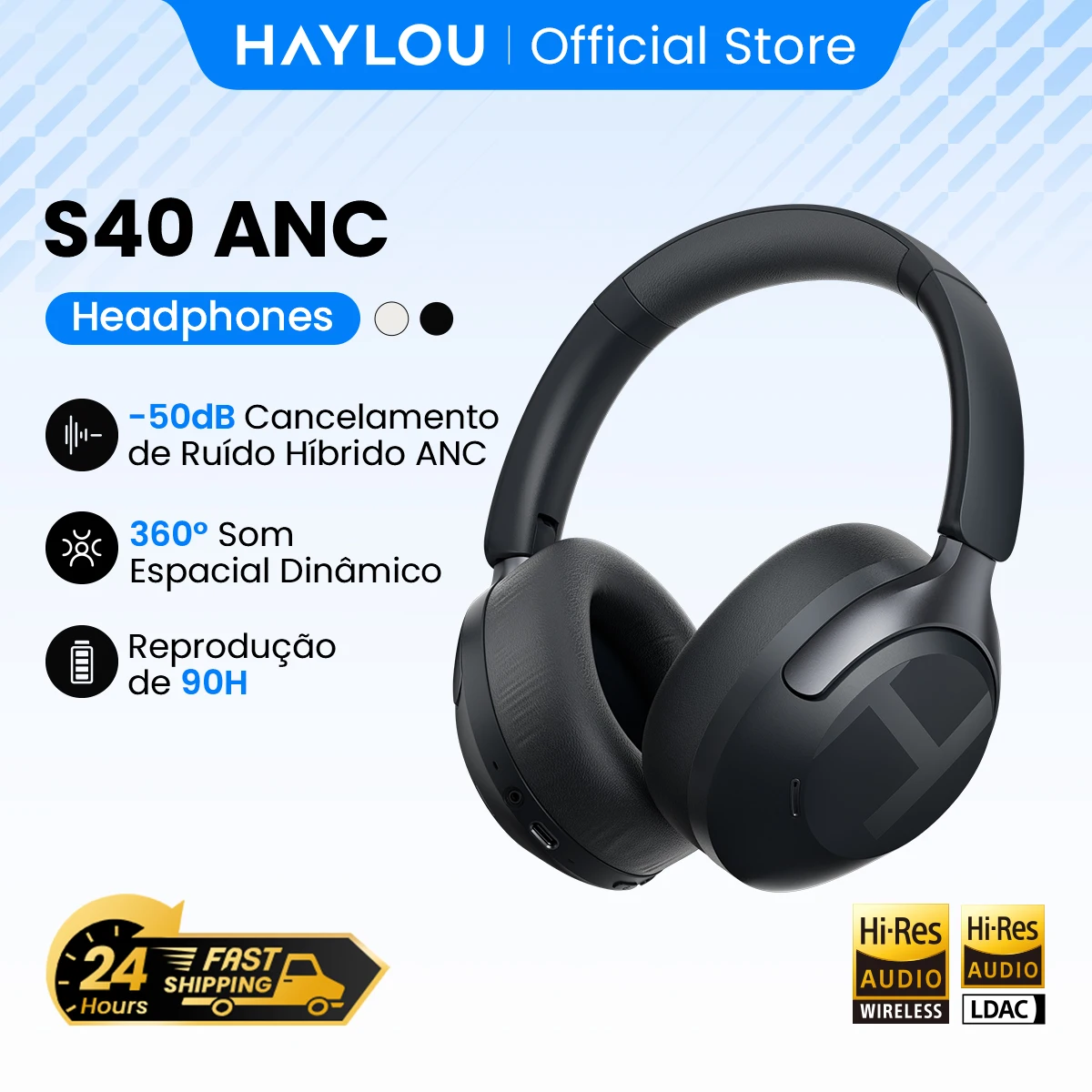 Fone de Ouvido Sem Fio HAYLOU S40 ANC com Cancelamento de Ruído de 50dB, Áudio Espacial 3D de Alta Resolução, Fone de Ouvido Bluetooth 6.0 Over Ear