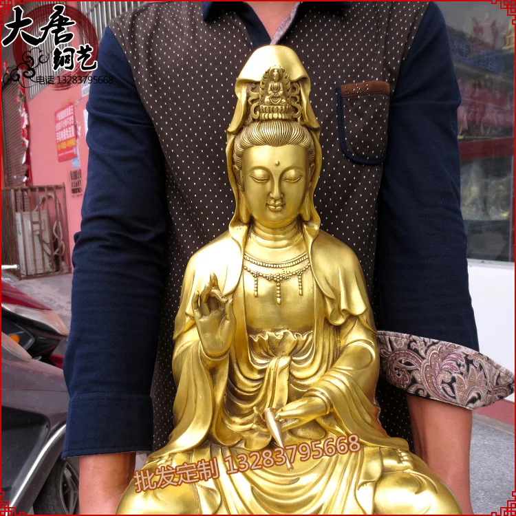 55cm Large HUGE HOME lobby hall Temple efficacious Talisman GOLD Nanhai Guanyin Buddha brass carving Sculpture statue