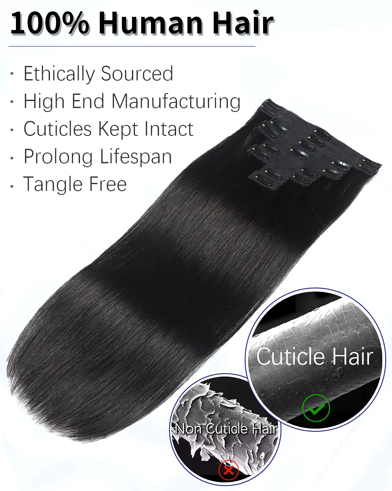 Straight Clip In Human Hair Extensions Natural black 100% Human Hair Set with 18Clips Double Weft Hair Extension for Woman