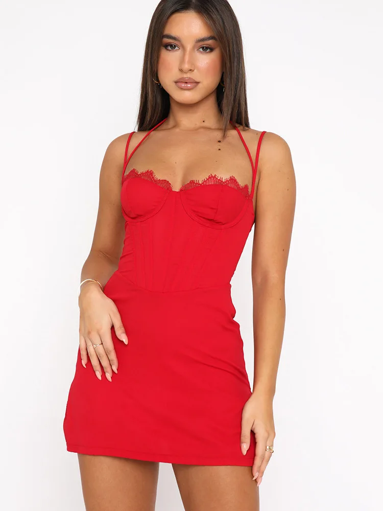 

Женское кружевное облегающее платье с разрезом на бретельках и высокой талией Dr European Sle No Sve на молнии