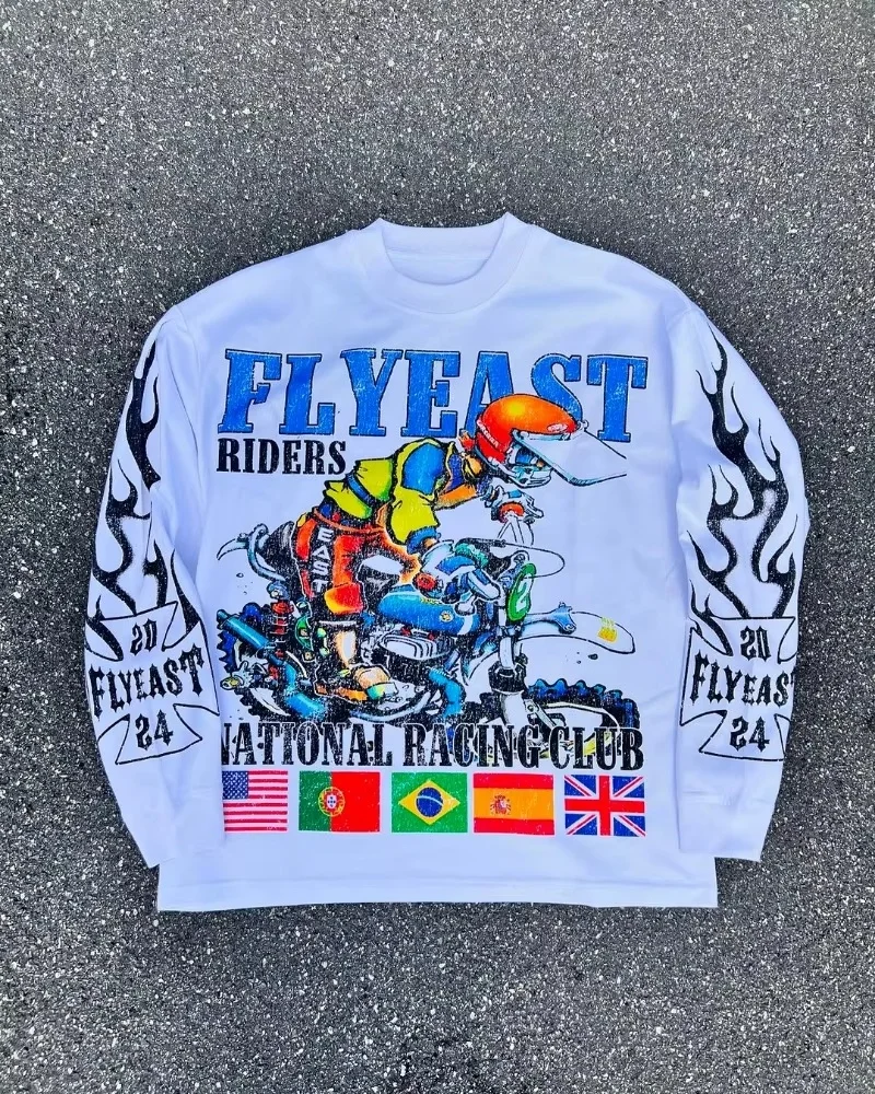 

Men's High Street Retro Fashion Brand Fashion Long Sleeve Anime Motorcycle Printed Y2k Harajuku Leisure Sports Outdoor T-shirt