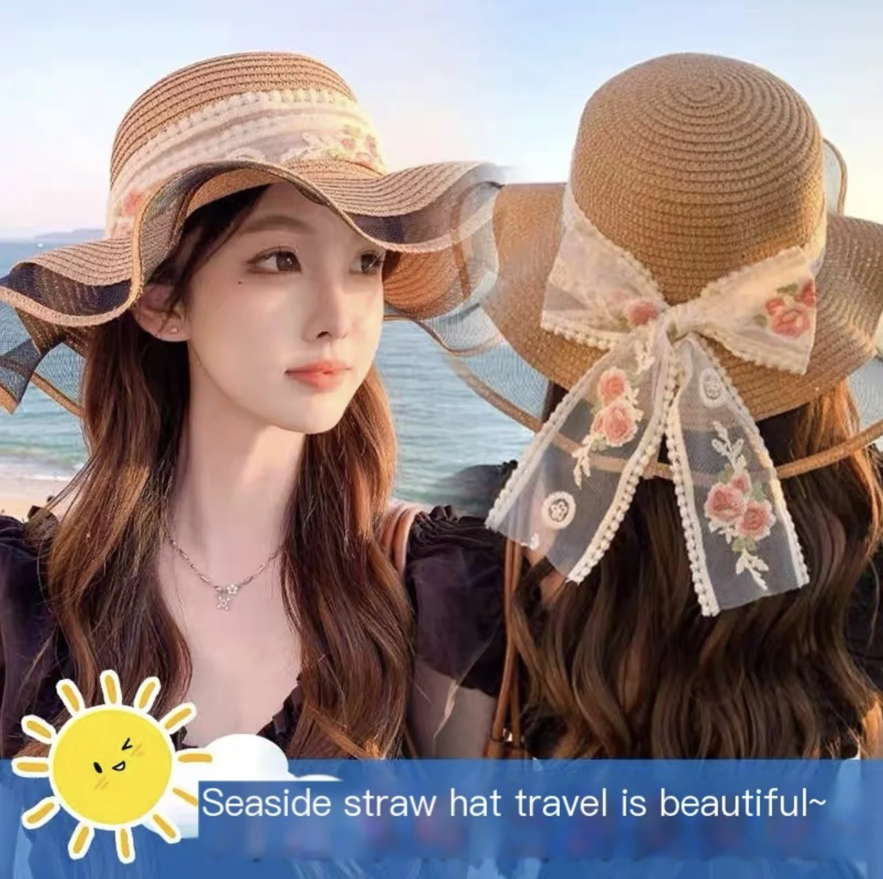 قبعة شمس جديدة بشريط على شكل زهرة لقضاء عطلة على شاطئ البحر للنساء، قبعة شمس من الدانتيل الحلو، قبعة صيفية كبيرة الحواف من القش بالجملة