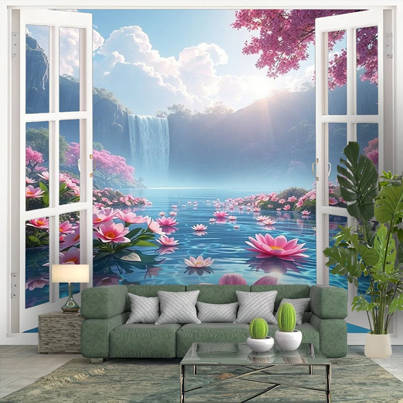 1PC Digital Print Tapestry Wall Hanging, Fake Window Lavender Field Provence Art, Nature Scenery 3D Window Wall Art Decor