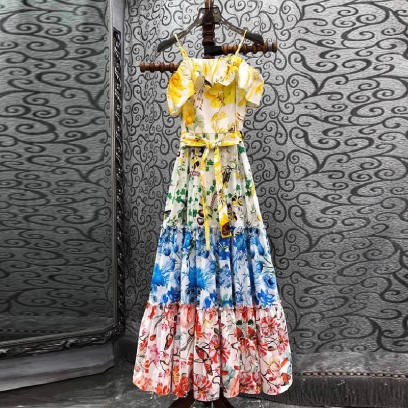 

2024 Summer Long Dress Luxurious Fashion Women Spaghetti Strap Charming Floral Prints Sleeveless Sexy Casual Party Maxi Dress