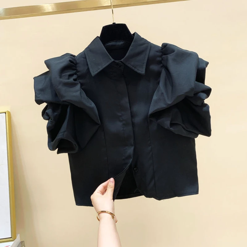 Puff Sleeve Shirts Women Clothing Kawaii Summer Ruffles Aesthetic Solid Vintage Lady Crop Tops Korean Style Minority Temper 2023