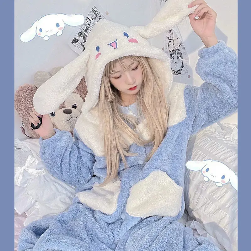 Pajamas Autumn Winter Dormitory Cinnamoroll Kawaii Long Plus Velvet Padded Coral Velvet Sanrio Nightgown Holiday Gifts For Girl