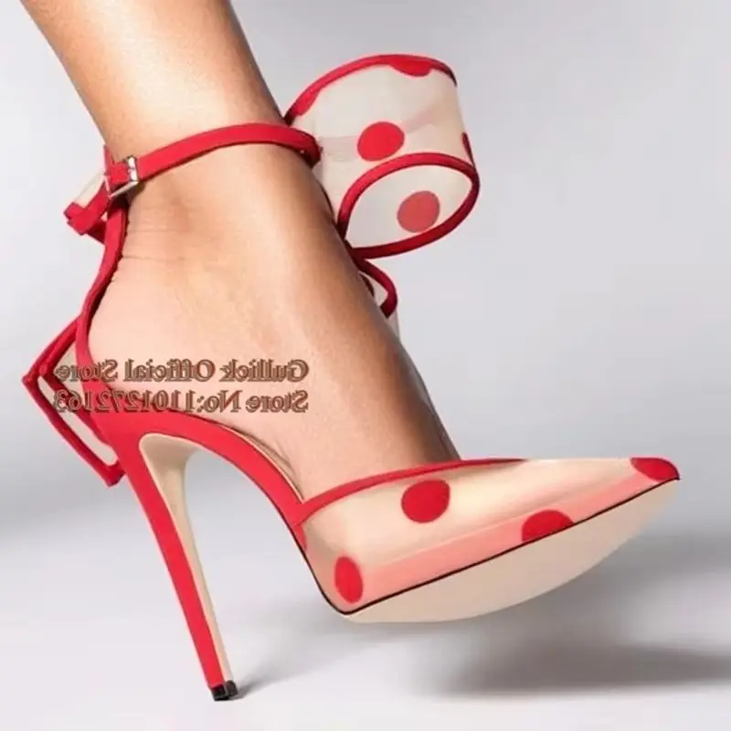 أنثى البولكا نقطة فراشة عقدة عالية الكعب مضخات واضح شبكة أشار تو كبير الكاحل حزام جوفاء رقيقة الكعوب النساء مأدبة الأحذية #2