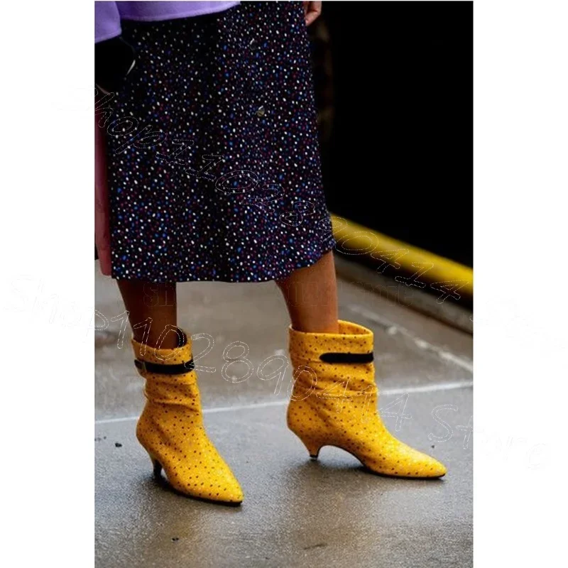 

Yellow Wave Point Print Buckle Pointed Toe Boots Slip On Women Shoes Thin High Heels Party Feast Runway 2026 Zapatos Para Mujere