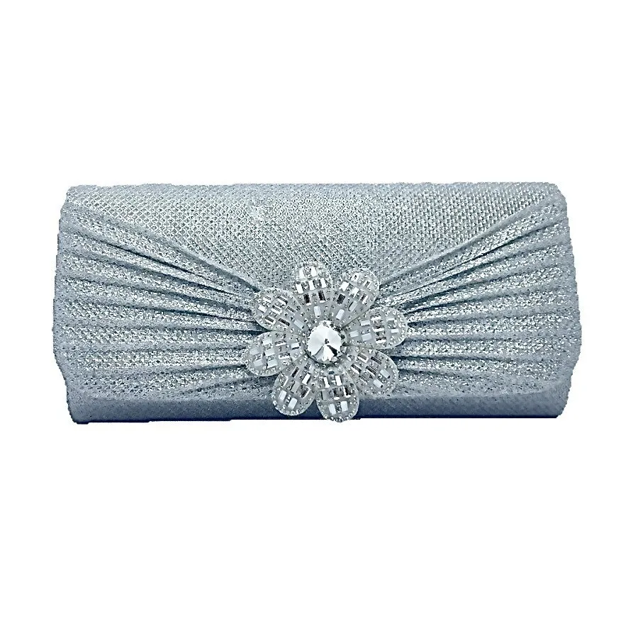 Silver Glitter Pleated Clutch Bag Rhinestone Flower Center Decor Rectangle Evening Handbag Minimal Formal Wedding Purse Women