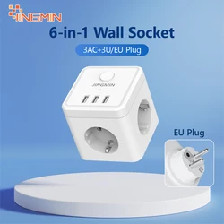 JINGMIN Wall Socket Extender with 3 AC Outlets 3 USB Ports 6 in1 EU Plug Charger On/Off Electrical Power Strip Switch For Home