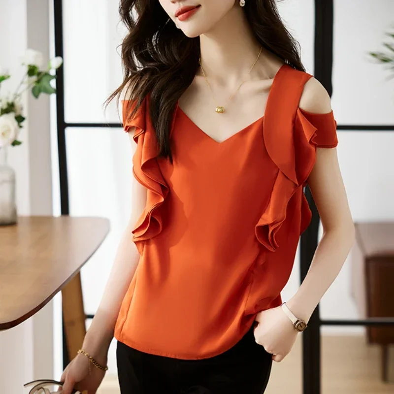 

Camisole Blouse Sleeveless Ruffles Women Shirt Elegant Fashion Women Clothing Chiffon Tank Top 2024 Summer New Luxury Women Tops