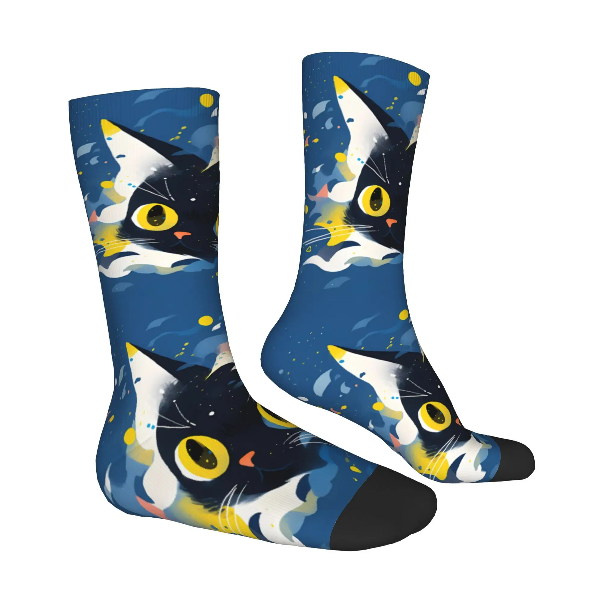 Vintage Rushing Galactic Cat in Blue Men's Socks  Unisex Harajuku Pattern Printed Crazy Crew Sock Gift