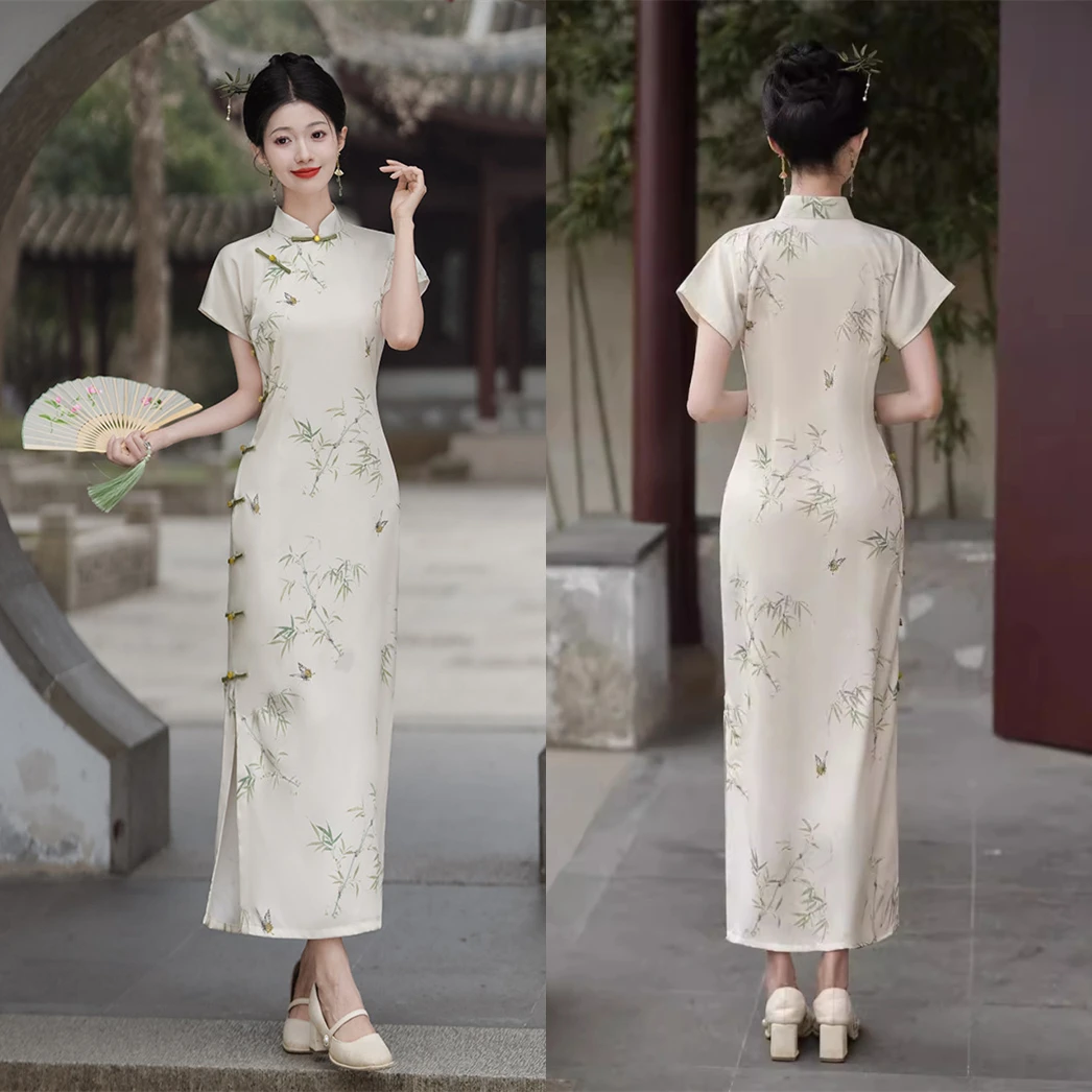 2024 Traditional Chinese Style Dress Leaf Printed Loose Cheongsam Womens Qipao Cute Robe Plus Size S-XXXL 23594