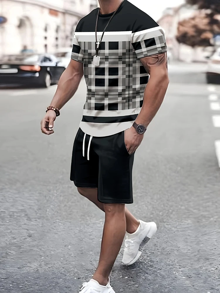 Summer street men\'s short-sleeved suit daily casual fashion short-sleeved outdoor trend sports shorts novel stripe print